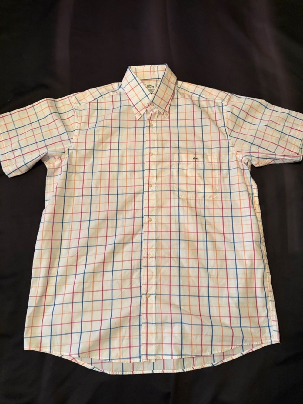 Lacoste White Short-Sleeve Button-Down Shirt with Red & Blue Windowpane